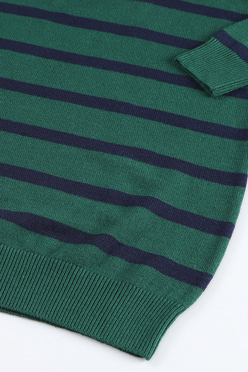 Striped O-Ring Zip Front Collared Drop Shoulder Long Sleeve Sweater Dress